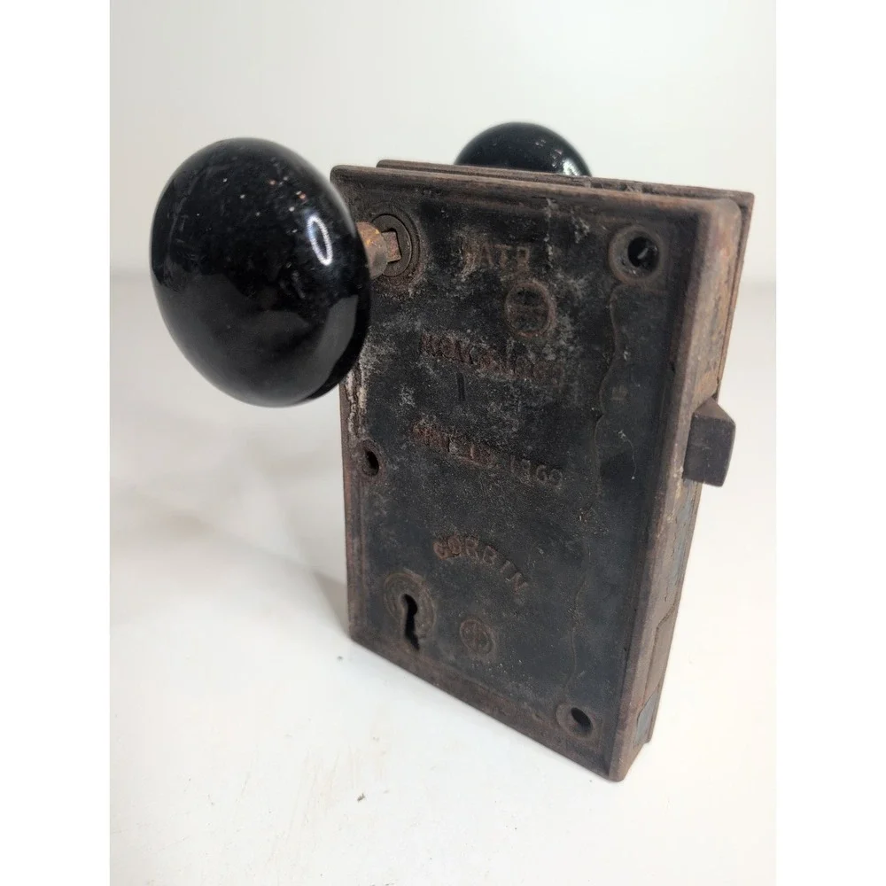 Antique Vtg Corbin Mortise Lock Door Hardware w/ Door Black Knobs 1868 1869